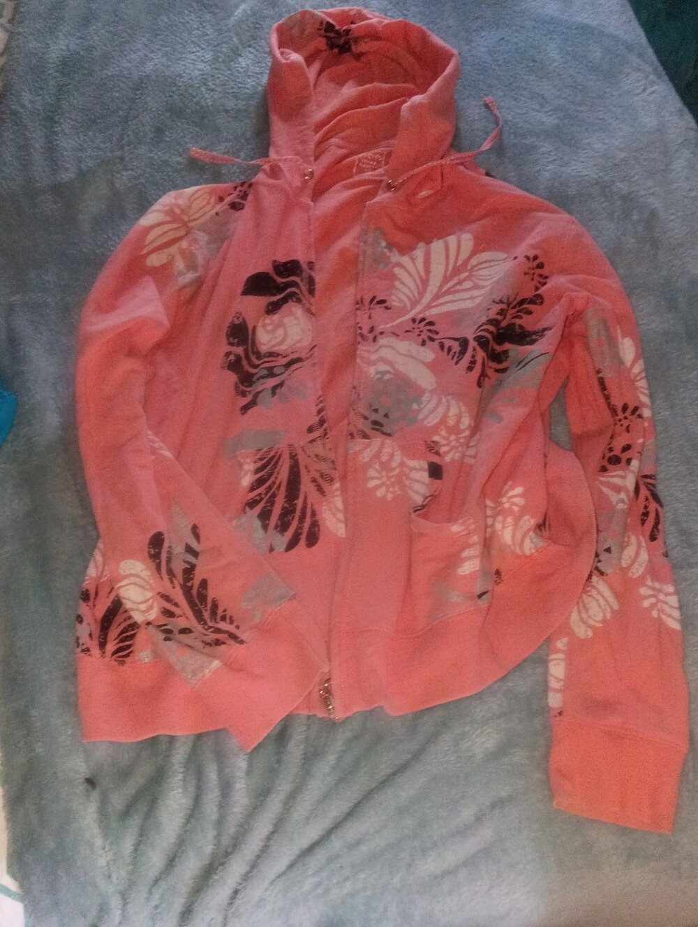 Three Hearts Coral Pink Hooded Zip Sweatshirt Vtg